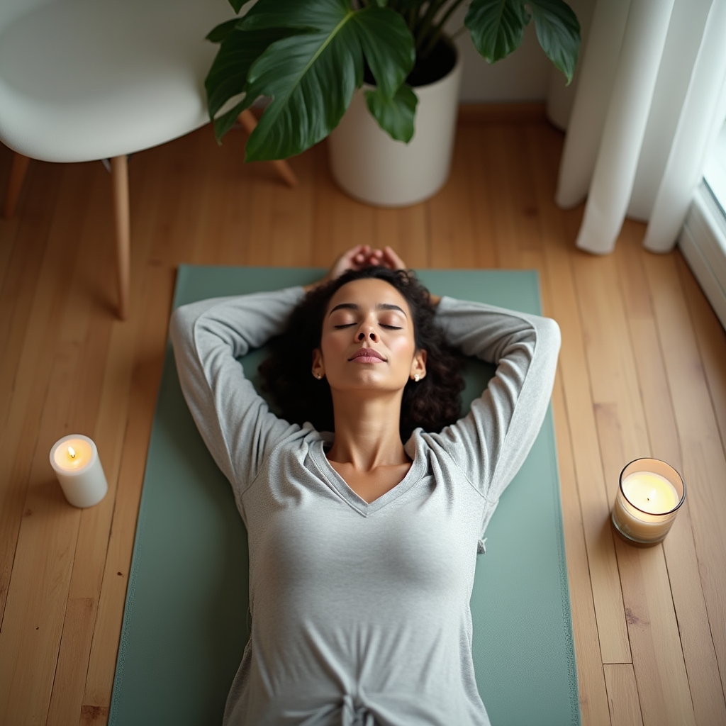 Personne pratiquant des exercices de respiration pour se détendre le soir