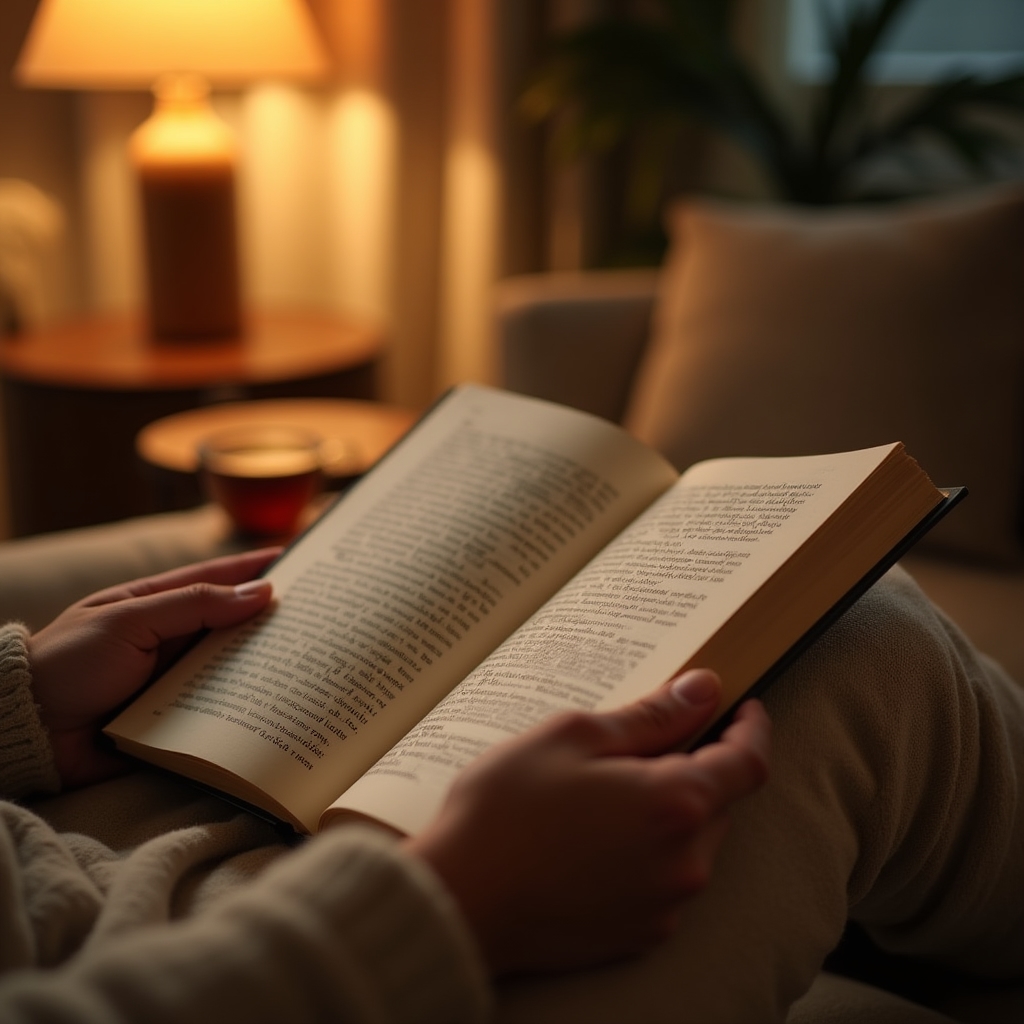 Personne lisant un livre sous une lampe douce le soir